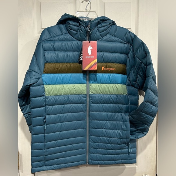 Cotopaxi Men’s Medium Fuego Hooded Down Puffer Jacket Blue Spruce Stripes NWT - Picture 1 of 15